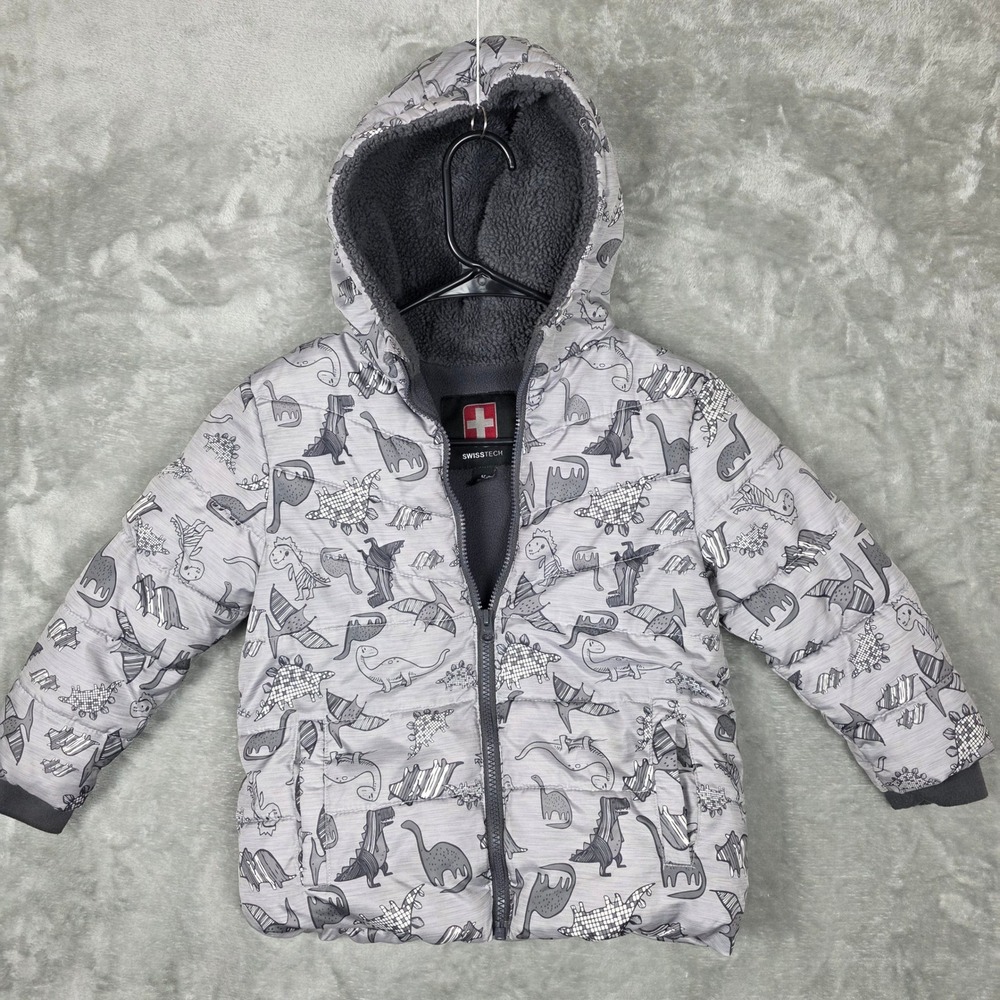 Kids SwissTech Dinosaur Puffer Jacket Hooded‎ Sherpa Lined Gray 5T